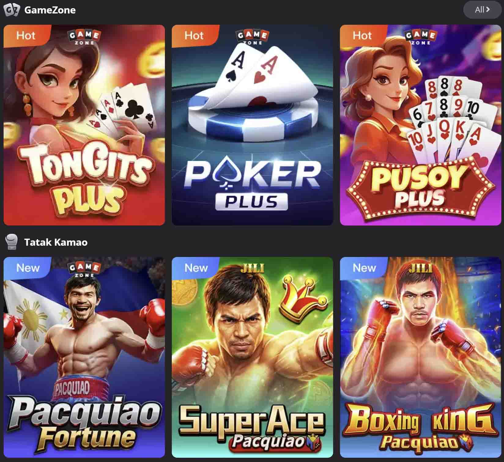GameZone PH app game library featuring Filipino favorites Tongits Plus and Pusoy Plus, alongside popular JILI slots like Super Ace Pacquiao