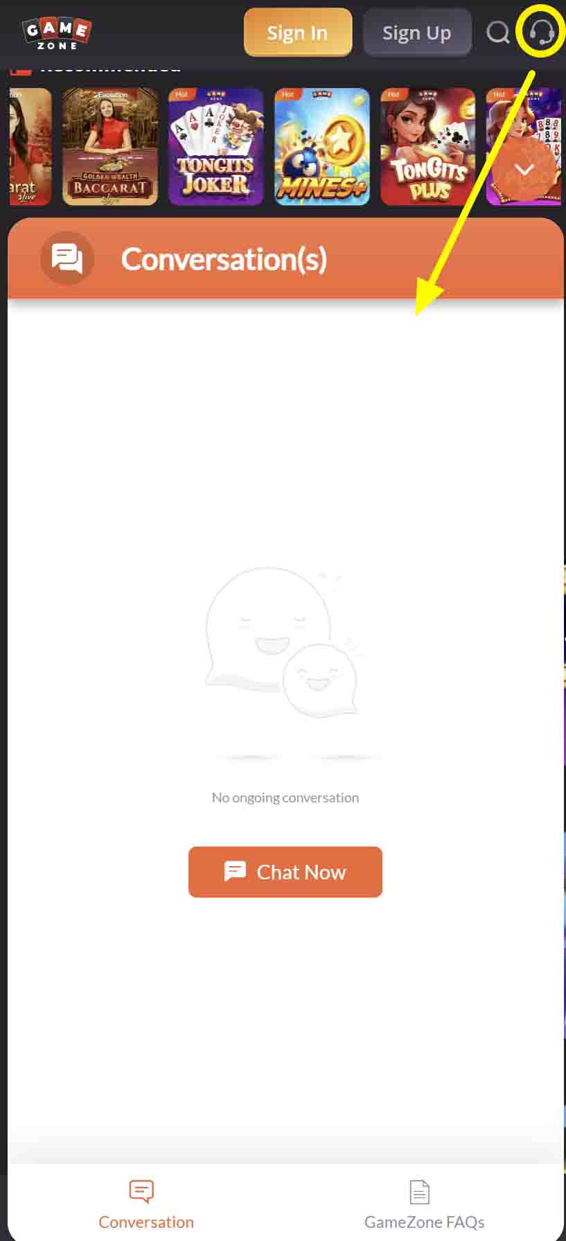 GameZone PH 24/7 live chat support interface and FAQ help center for troubleshooting login and app download issues