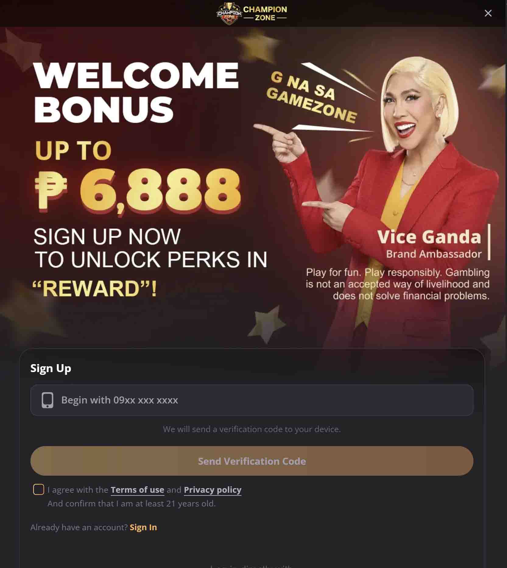 GameZone PH login register interface with mobile number sign up form and 6888 welcome bonus featuring Vice Ganda